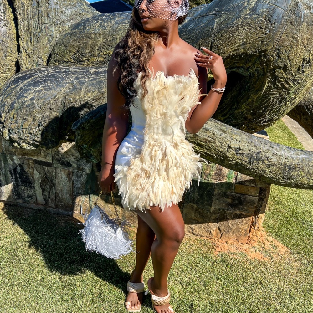 Elegant Cream Feathered Dress